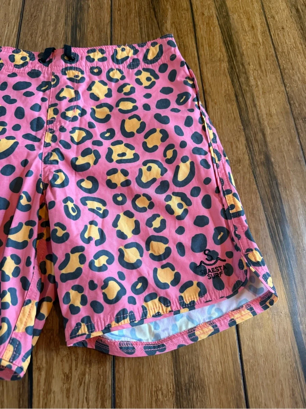 Kids Swim Trunks - Pink Leopard & Blue Surf Print with Drawstring Never Worn